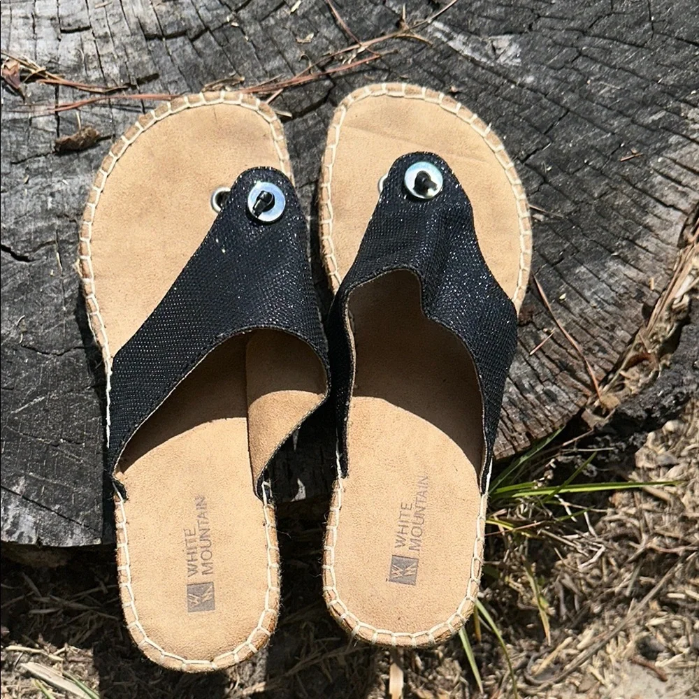 🆕 White Mountain Black and Tan Espadrille Slide Thong Sandals•Size 8 - Picture 13 of 16